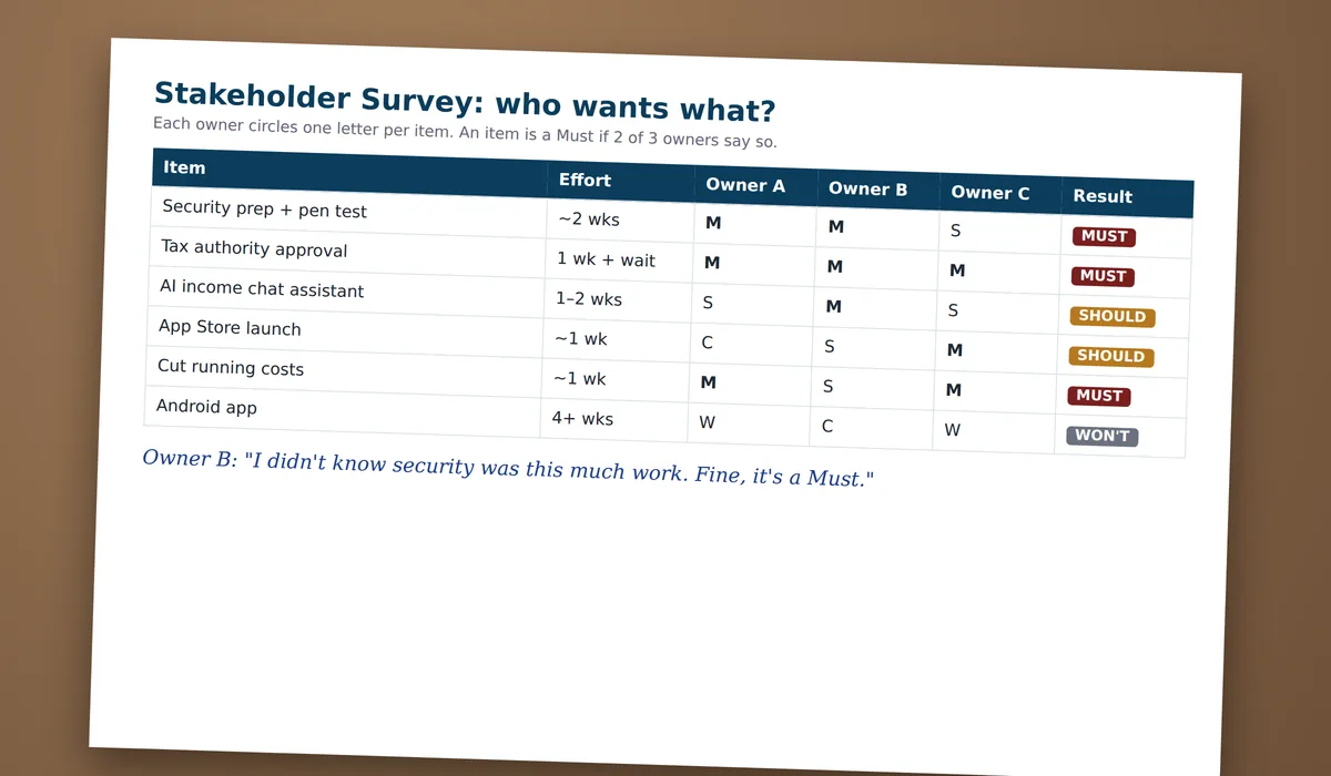 A printed survey matrix with items, effort and votes from Owner A, B and C, and a result column showing Must, Should or Won't, with a handwritten note from Owner B agreeing security is a Must.
