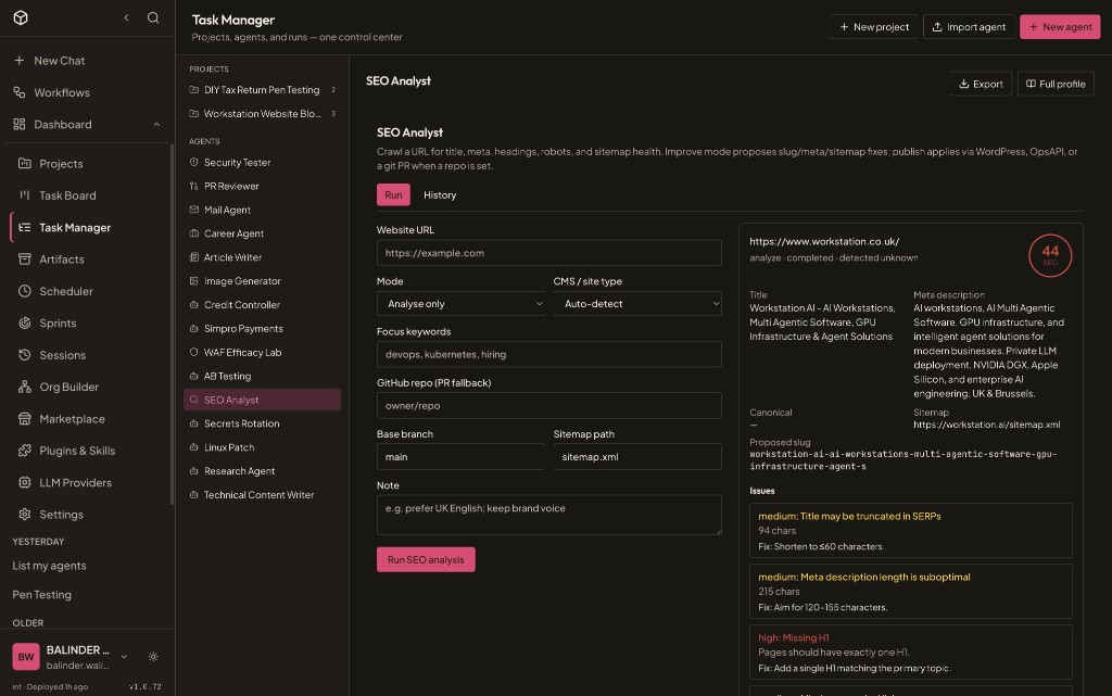 Jobshout SEO Analyst AI Agent — Task Manager analysing tenthmatrix.com (SEO score 44)